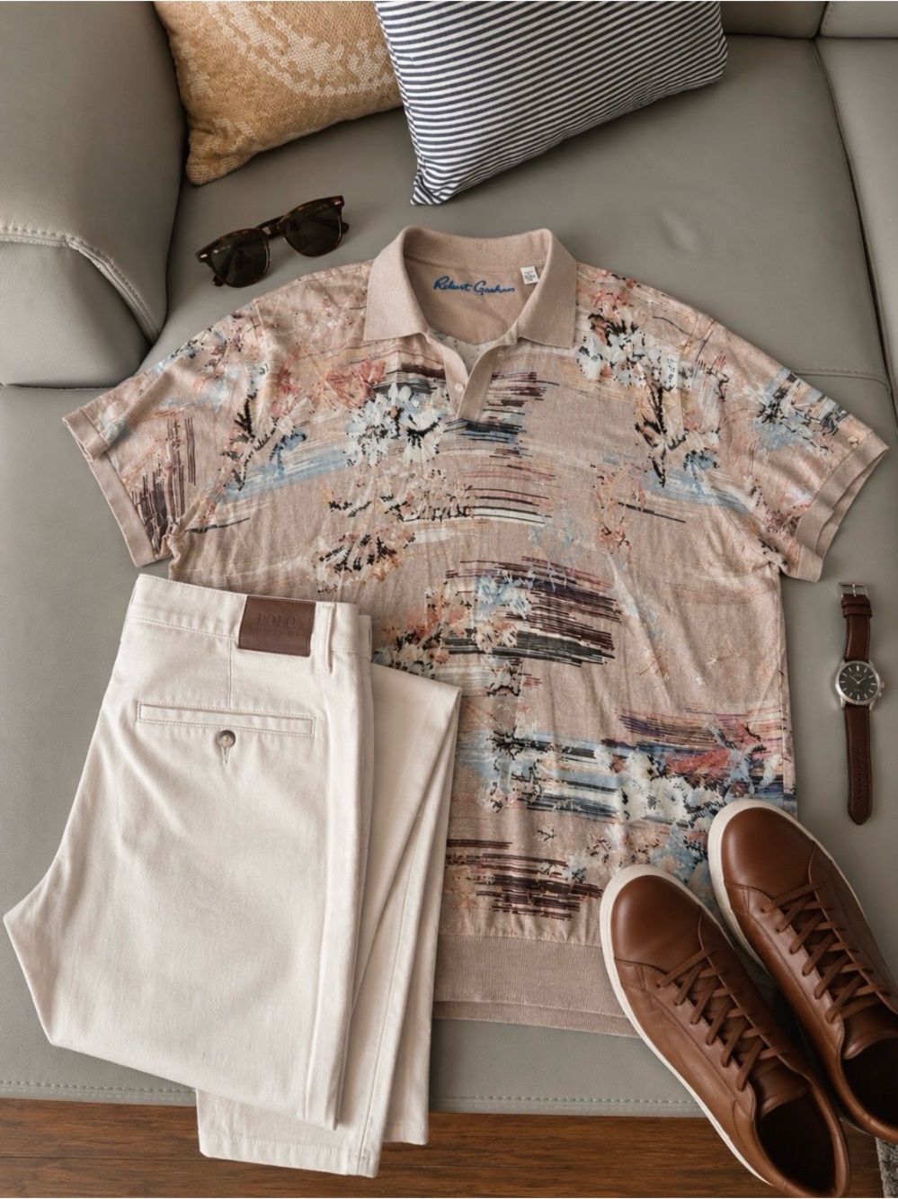 Robert Graham Abstract Floral Knit Polo Shirt 3XL – Soft Neutral Tones